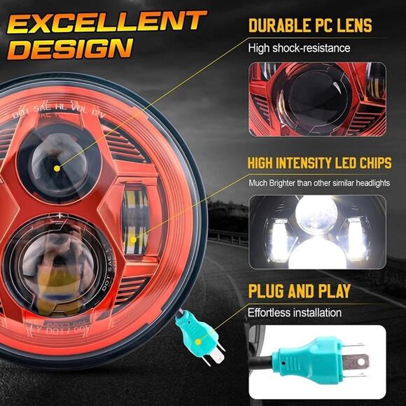 Jeep 7” Round LED Headlight High Low Beam headlamps-red - Picture 4 of 12